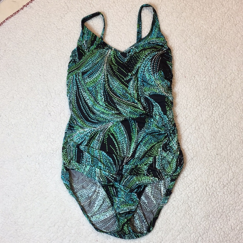 Speedo Bathing Swim Suit Green Blue Design One-piece Ruching